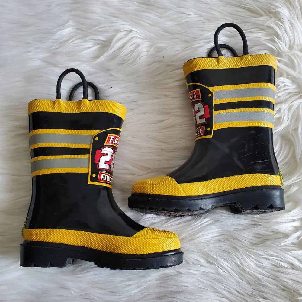 Western Chief Kids Black/Yellow Firefighter Waterproof Rain Boots SZ 8